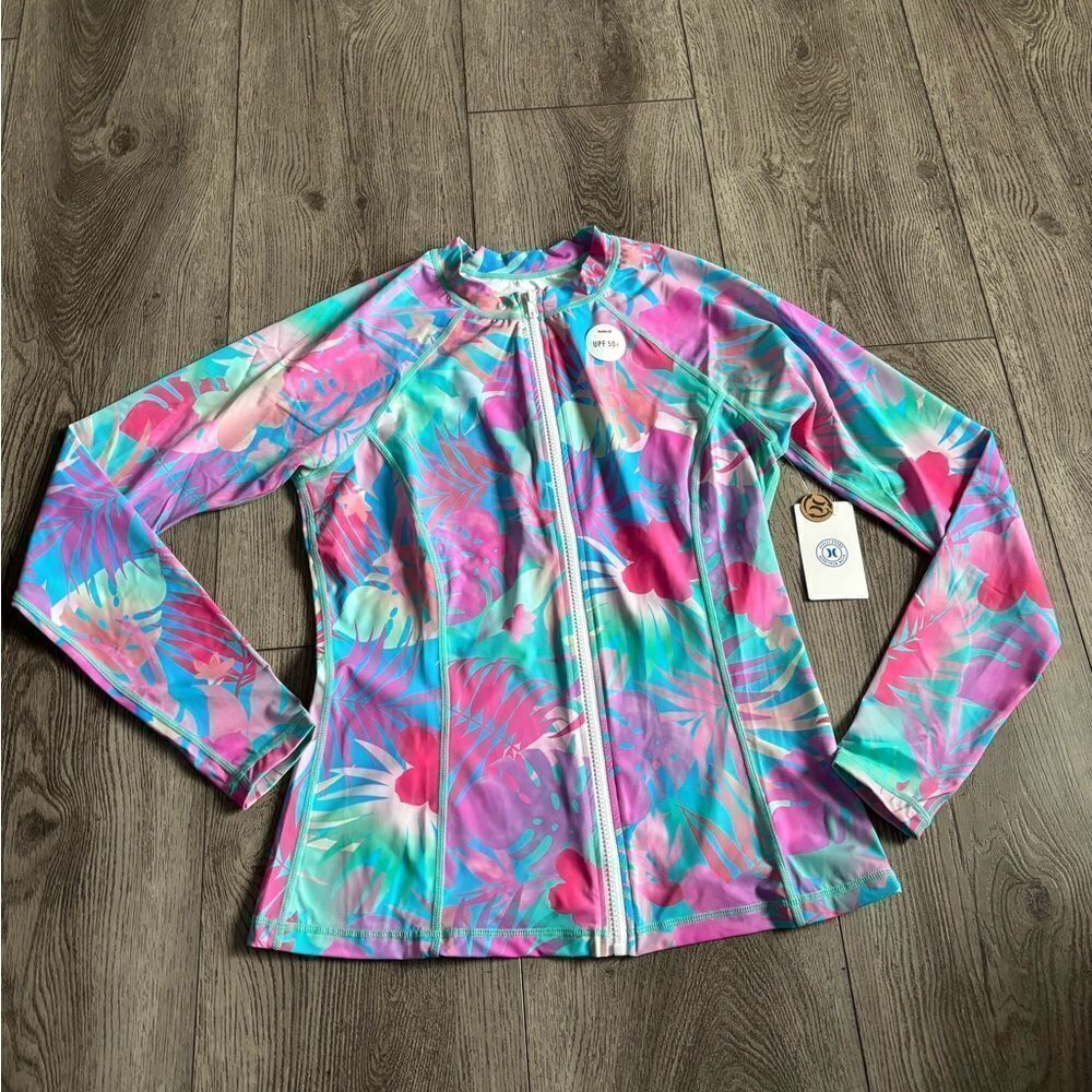 Hurley juniors fluid tropics long sleeve front zip rashguard